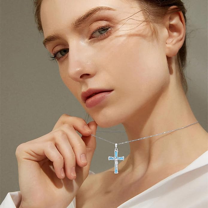 HPQQ Cross Necklace 925 Sterling Silver Turquoise Tree of Life Celtic Knot Cross Pendant Jewelry Mother's Day Gifts for Women