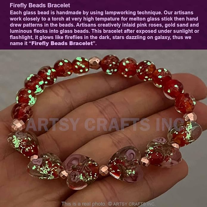 ARTSY Crafts Glow in the Dark Heart Shaped Glass Bead Bracelets & Necklaces, Handmade in USA