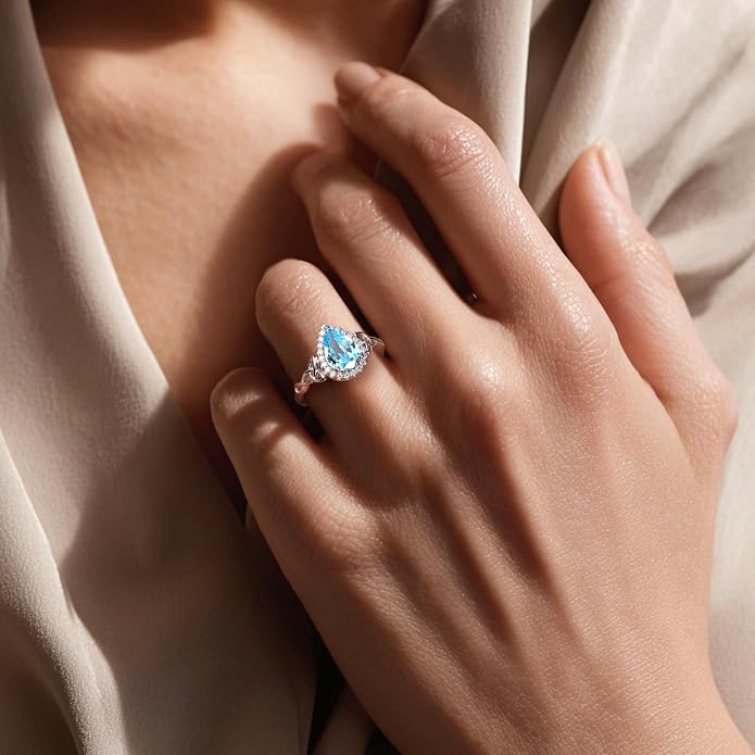 DAYBYDAY Celtic Birthstone Rings for Women 925 Sterling Silver Heart/Round/Pear/Oval Created Gemstone Moissanite Halo Engagement Promise Rings for Her Wife Birthday Anniversary Wedding Jewelry