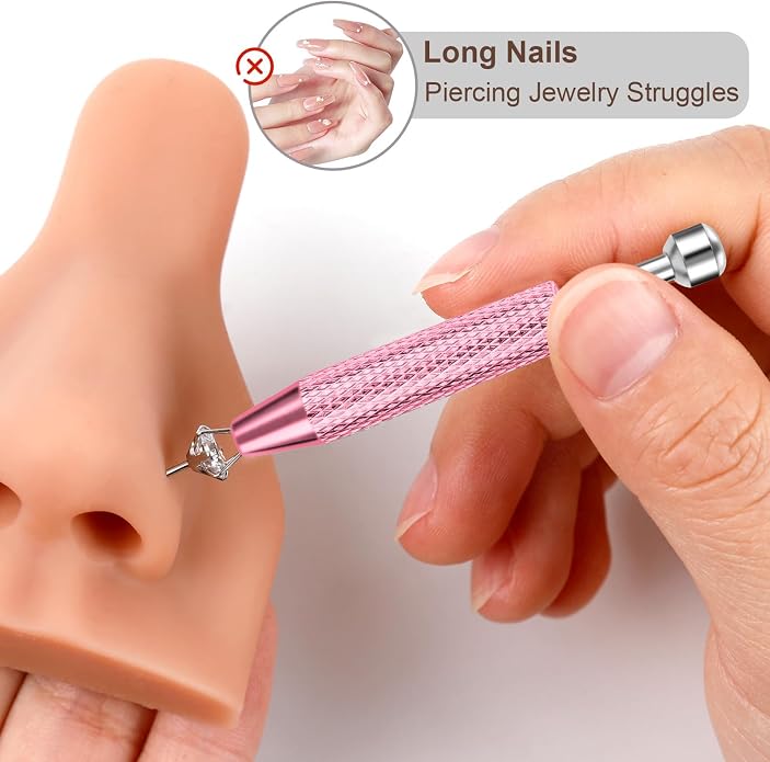 ONESING 2Pcs Piercing Ball Grabber Tool for Changing Jewelry, Stianless Steel Flat Back Earring Applicator Internally Threaded Push Pin Piercing Grabber Tool, Anti Slip 4 Claw Gem Ball Grabber Tool