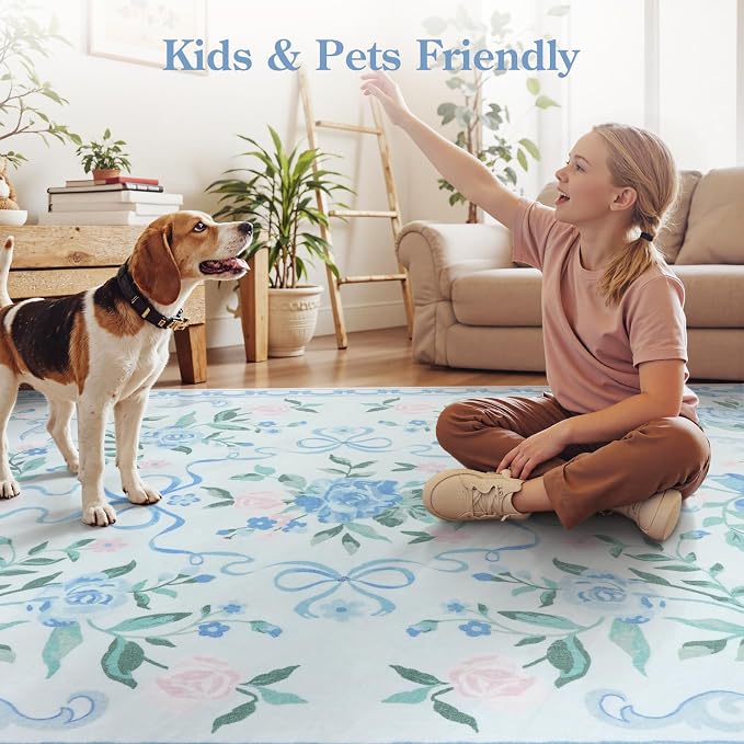 Collive 4x6 Rugs for Bedroom Girls, Boho Blue Floral Washable Area Rug Non Slip, Soft Indoor Decor Elegant Carpet for Kids Room Nursery Living Room Dining Room (Blue 4' x 6')