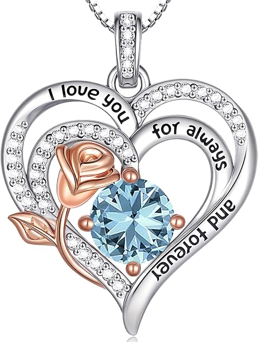 Birthstone Heart Necklaces for Women 925 Sterling Silver Fine Jewelry Rose Pendant Necklace Anniversary Birthday Mothers Day Gifts Her Wife Women Mom Daughter