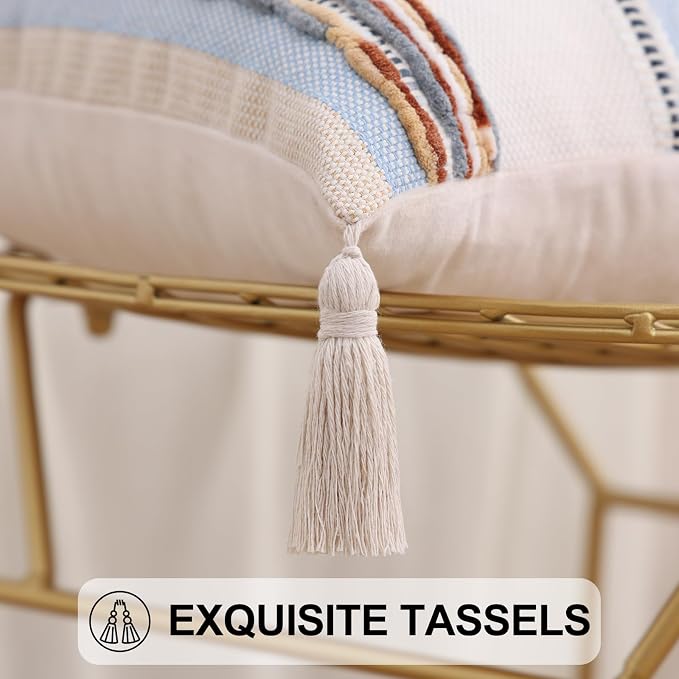 Simmore Boho Decorative Throw Pillow Covers 12x20 Set of 2, Tufted Farmhouse Pillow Covers with Tassels for Cozy Bohemian Couch Sofa Bedroom Home Decor, Blue | Tufted Accent Modern Farmhouse Neutral Pillow Covers with Tassels for Cozy Bohemian Couch So...