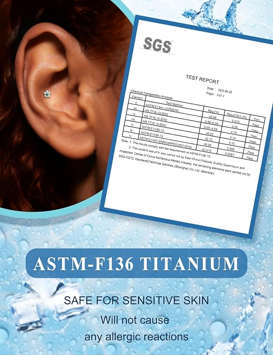 16G Astm F136 Titanium Internal Thread Flat Back Earrings Nose Studs Tragus Forward Helix Conch Cartilage Lobe Earrings Stud Medusa Labret Monroe Lip Ring Piercing Jewelry For Women Men