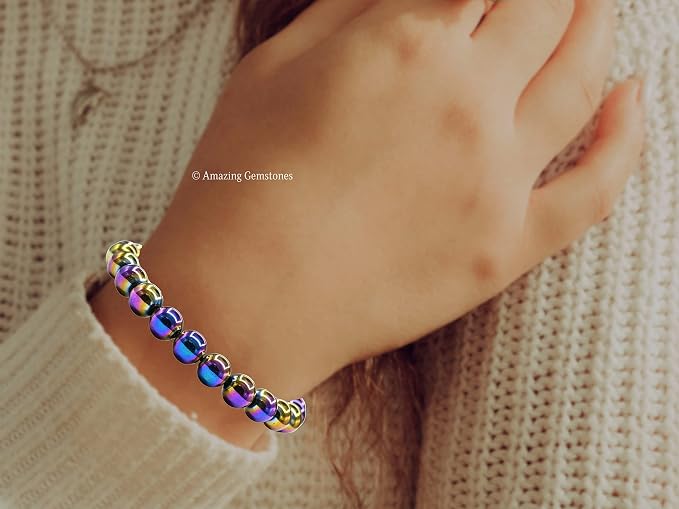 Amazing Gemstone Rainbow Hematite Bracelet, Gifts for Men & Women - Protection Healing Crystal Bracelet - 8mm Gemstone Beaded Adjustable Bracelet, Pulseras para Hombres Mujer Stocking Stuffers