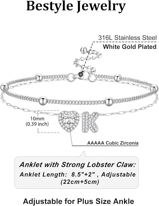 Bestyle Initial Anklet Bracelets for Women Waterproof Non Tarnish 14K Gold/White Gold Plated CZ Anklets for Women Dainty Layered Letter Heart Ankle Bracelets Adjustable Foot Chain Anklet