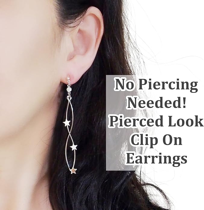 Comfortable Stick Invisible Clip On Earrings Gold Dangle Long Waved Threader Bar Clip-On Non Pierced Earrings Silver For Women,…