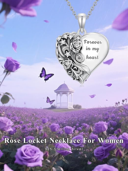 Locket Pendant Necklace for Women, 925 Sterling Silver Dainty Photo Necklace, Christmas Valentine's Day Mother's Day Memorial Jewelry Gifts (With Gift box)
