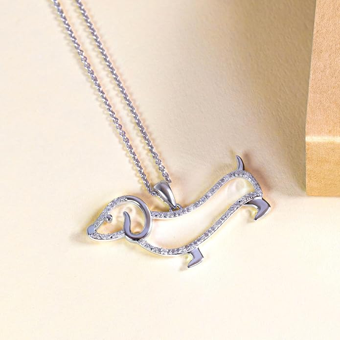 Jewelili Sterling Silver Dachsund Dog Pendant Necklace | Natural White Round Diamonds | 18" Rolo Chain | Gift Box Included | Timeless Fashion Jewelry