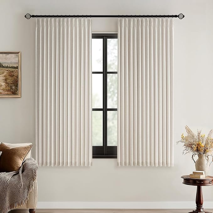 MIULEE Beige Pinch Pleated 100% Blackout Linen Curtains for Bedroom, Room Darkening Memory Trained Light Blocking Window Curtains 63 inches Long for Living Room, Black Out Pleat Drapes, 2 Panels
