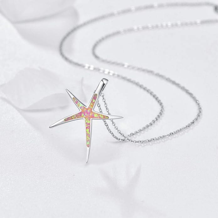 Cuoka Starfish Necklace, 925 Sterling Silver with Opal, Hawaiian Beach Nautical Ocean Pendant, Starfish Jewelry Opal Jewelry Valentine for Women Girlfriend
