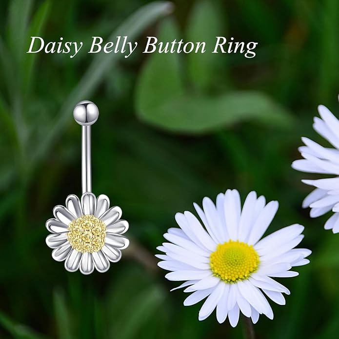 Sunflower Daisy Belly Button Ring Dangle Hoop 925 Sterling Silver Hypoallergenic Belly Button Piercing Body Navel Rings Sexy Belly Button Jewelry Gifts for Women (14G)