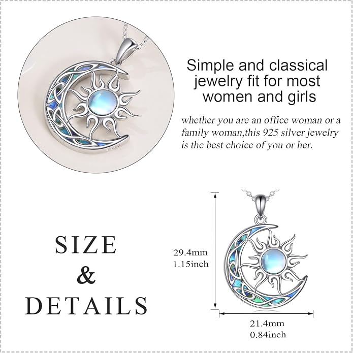 Sun and Moon Necklace for Women 925 Sterling Silver Celtic Crescent Moon Pendant Blue Opal/White Opal/Abelone Shell/Labradorite/Moonstone Jewelry Gift for Teen Girls