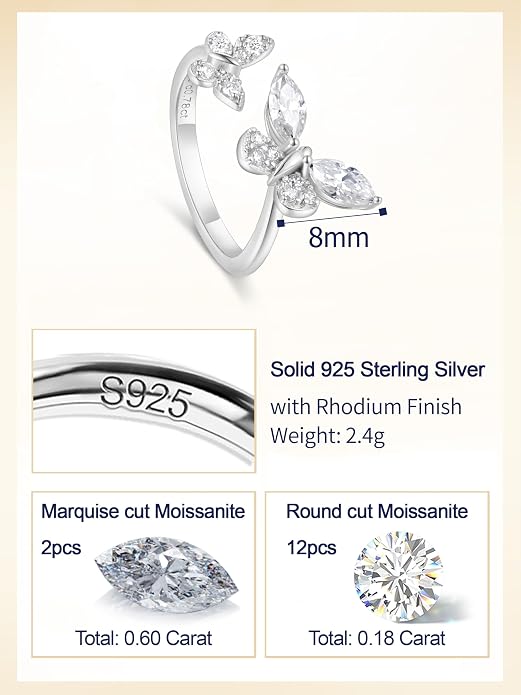 Moissanite Flower/Butterfly/Star Pretty Open Ring for Women, Adjustable Ring, Solid 925 Sterling Silver with Gold Plated, Stackable Ring, Birthday Valentines Anniversary Mothers Day Ideal Gift for Her