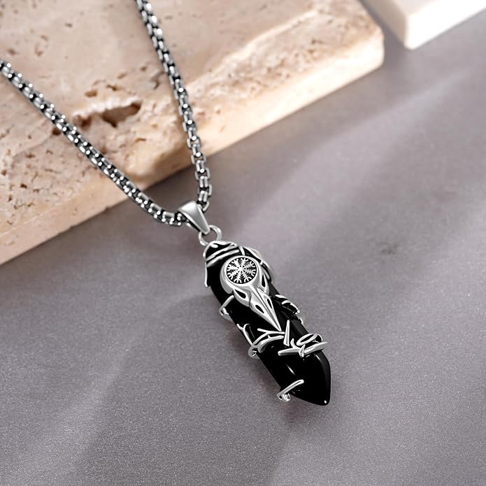 Viking Raven Skull Necklace 925 Sterling Silver Helm of Awe Necklace Raven Skull Pendant Viking Jewelry Norse Gifts for Men Women