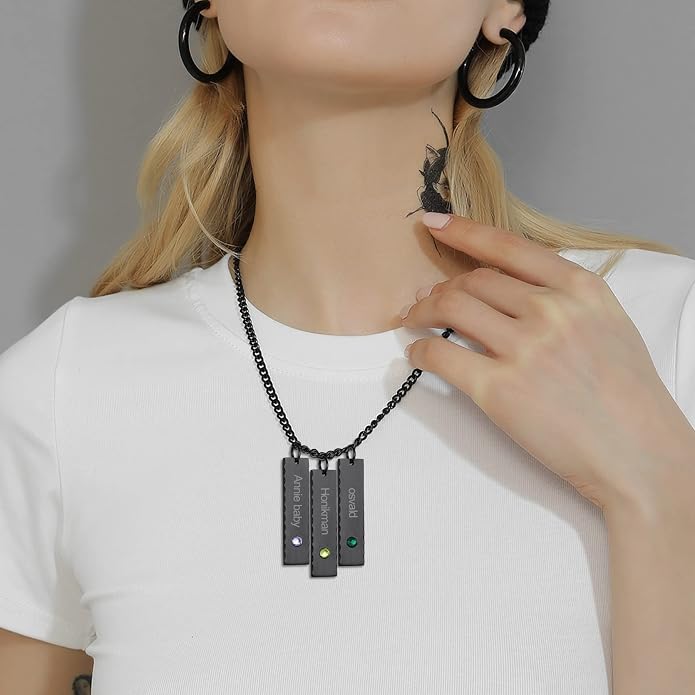 GOLDCHIC JEWELRY Personalized Birthstone Name Necklaces for Men Women, Engraved Family Names Necklace with Birthstone Vertical Bar Necklace, Pendant for Husband/Father/Grandma/Wife Birthday Gifts