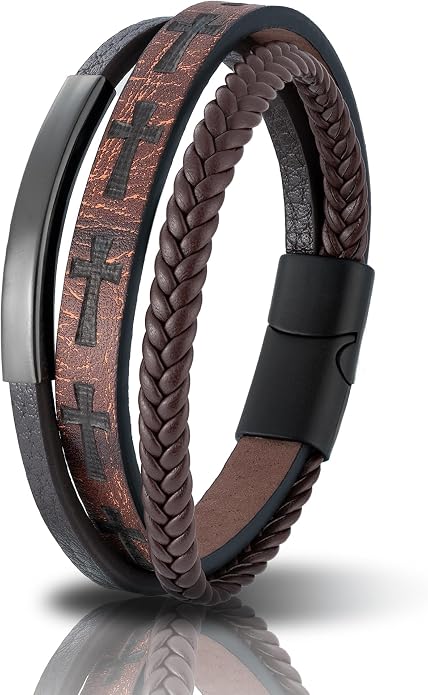 Mens Leather Cross Bracelet Multilayer Braided Wristband Bangle Bracelets with Stainless Steel Buckle Religious Gift for Men Brown/Black/Blue–8.3 inch