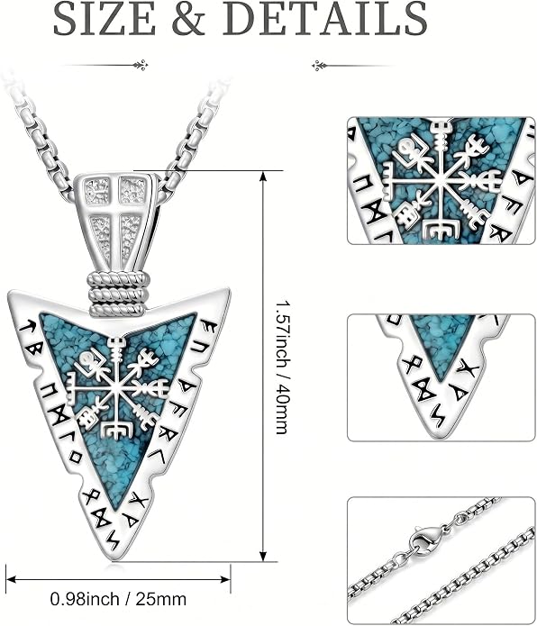 Viking Turquoise Arrowhead Necklace for Men Celtic/Evil Eye/Ankh/Valknut/Compass Arrow Head Pendant Fathers Day Birthday Gifts