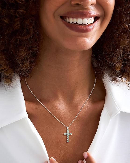 925 Sterling Silver 18 inch Birthstone Cross Pendant Necklace for Women Men