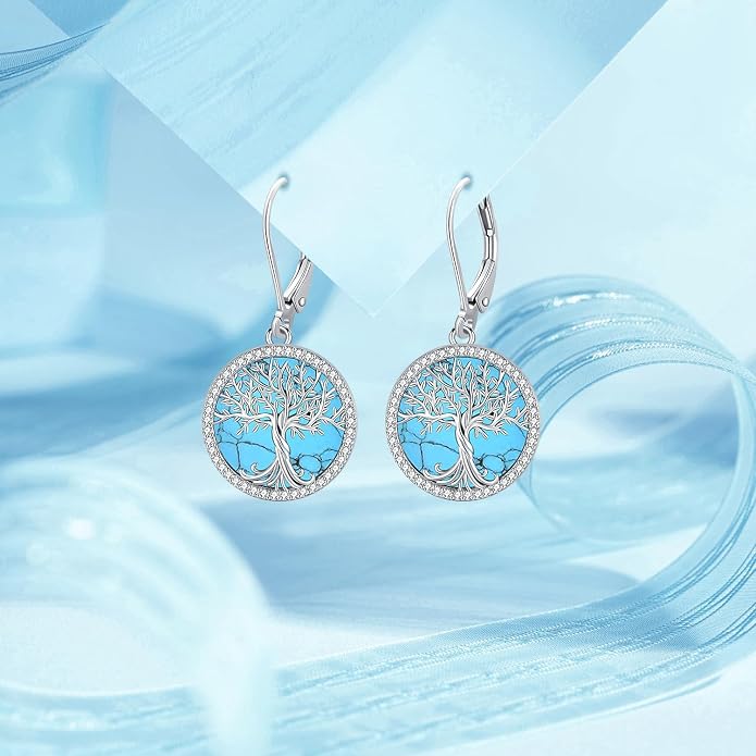 925 Sterling Silver Earrings Tree of Life/Cat/Animal/Turquoise/Moonstone Dangle Drop Earrings for Women Leverback Earring Hypoallergenic Jewelry Gifts