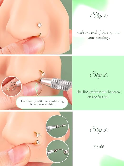 Oveta 18G Horseshoe Nose Rings for Women, 16G 20G Surgical Steel Nose Ring Hoop 6/8/10/12mm, Internally Threaded Tragus Cartilage Helix Earrings Silver/Gold, 3mm CZ