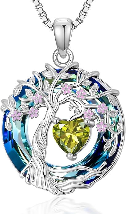 Tree of Life Birthstone Necklace 925 Sterling Silver Crystal Tree of Life Pendant Birthstone Jewelry Birthday Christmas Gifts for Women Mom Her Wife