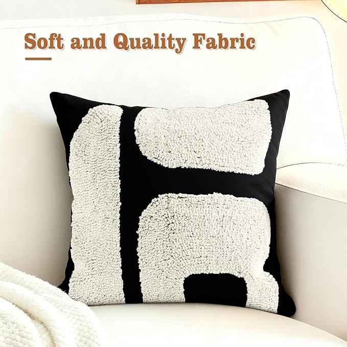 LandIdyll 4 Pcs Black and Cream Chunky Tufted Pillow Covers 18 x 18 Inch Boho Black and White Throw Pillow Covers Set Decorative Modern Abstract Geometric Pillowcase for Living Room Bed Couch Sofa