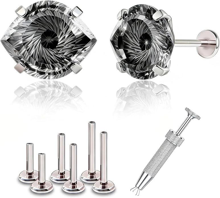 Flat Back Titanium Stud Earrings, Hypoallergenic G23 Titanium Eye Cut Cubic Zirconia Piercing,Eyebrow Versatile Labret Lip Cartilage Helix Sleeper 18G Punk style Jewelry for Women Men