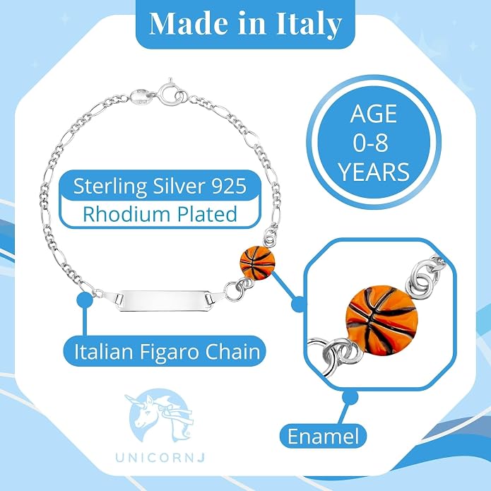 UNICORNJ 925 Italy Sterling Silver Child or Baby Name Bracelet Girls Boys, Personalized Engraved Kids ID Bracelets, 6.5" Figaro Chain, Enamel Charm Newborn Infant Toddler Kid Jewelry