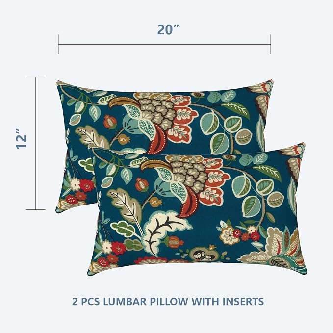LVTXIII Set of 2 Patio Lumbar Pillows, 12" x 20" Fade Resistant Outdoor Lumbar Pillow with Inners, Fluffy Decorative Garden Lumbar Cushions for Home Patio Coach Sofa Use, Peacock Blue