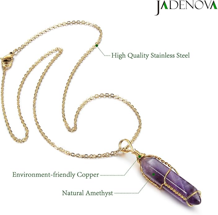 JADENOVA Full Wire Wrapped Energy Healing Crystal Gemstone Pendant Necklace 18" Stainless Steel Chain