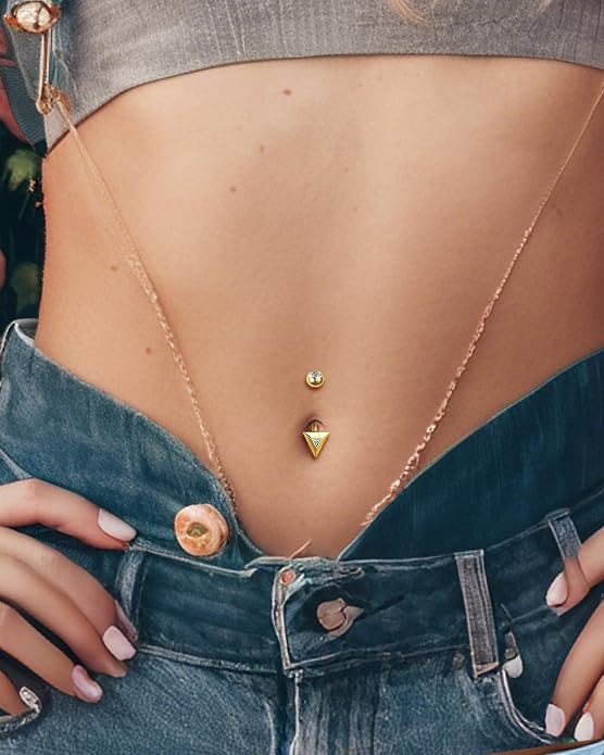 COCHARM 14K Gold Plated925 Sterling Silver Belly Button Ring Gold Filled Triangle Belly Navel Ring Cute 14g Unique Belly Piercing Jewelry For Women Men Mini Belly Bar Nickel Free