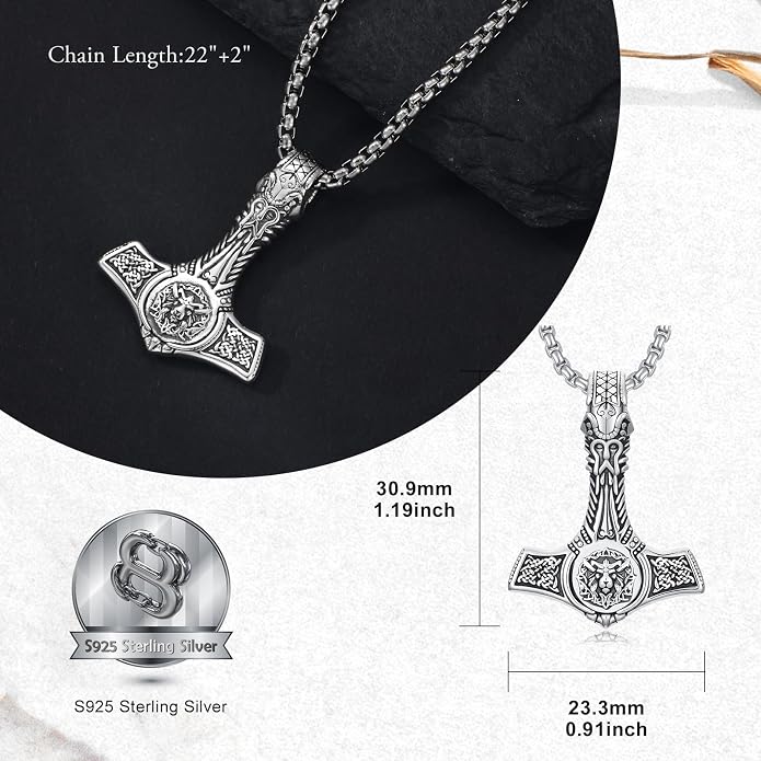 PROESS Thors Hammer Necklace Sterling Silver Celtic Knot Wolf/Lion/Raven Necklace Viking Mjolnir Pendant Jewelry for Men