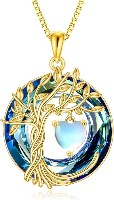 POPLYKE Mothers Day Gifts for Mom Her Wife Tree of Life Necklace 925 Sterling Silver Birthstone Pendant with Crystal Anniversary Birthday Wedding Jewelry for Women
