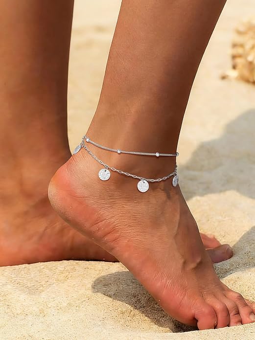 U7 Silver/Gold Ankle Bracelets for Women Layered Chain Anklets Stainless Steel Waterproof Summer Beach Anklet Cham, Adjustable 8.5"-10.5"
