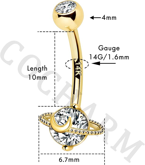 COCHARM 14k Gold Belly Button Rings 14G Saturn Yellow Gold Belly Rings for Women Dainty Belly Piercing Jewelry