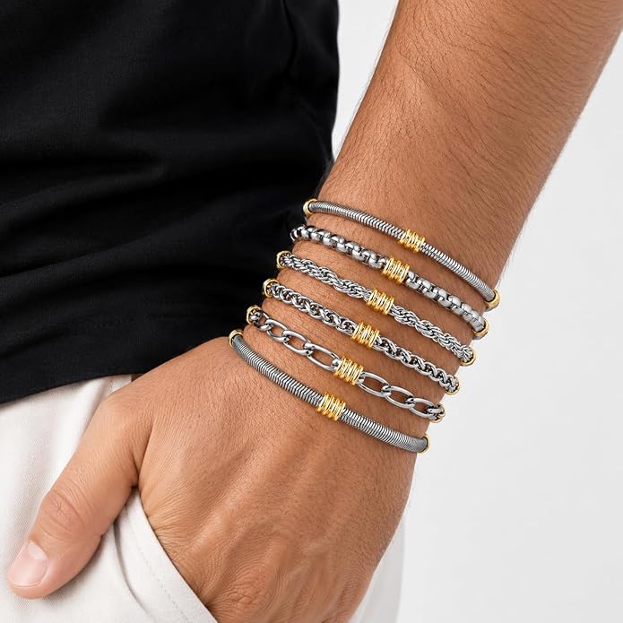 6Pcs Men's Bracelet Set, Waterproof Tarnish Resistant Stainless Steel Chain Bracelets for Men, Silver and Gold Stackable Cuban Link Snake Chain Jewelry Gift for Him, Fits 7.5-8 Inch Wrist