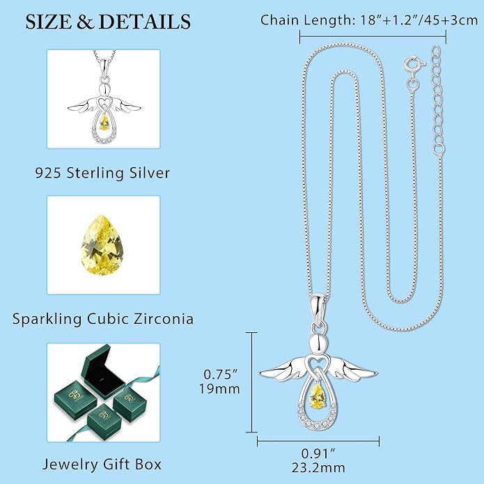 FJ Guardian Angel Necklace 925 Sterling Silver Birthstone Pendant Angel Jewelry Gifts for Women