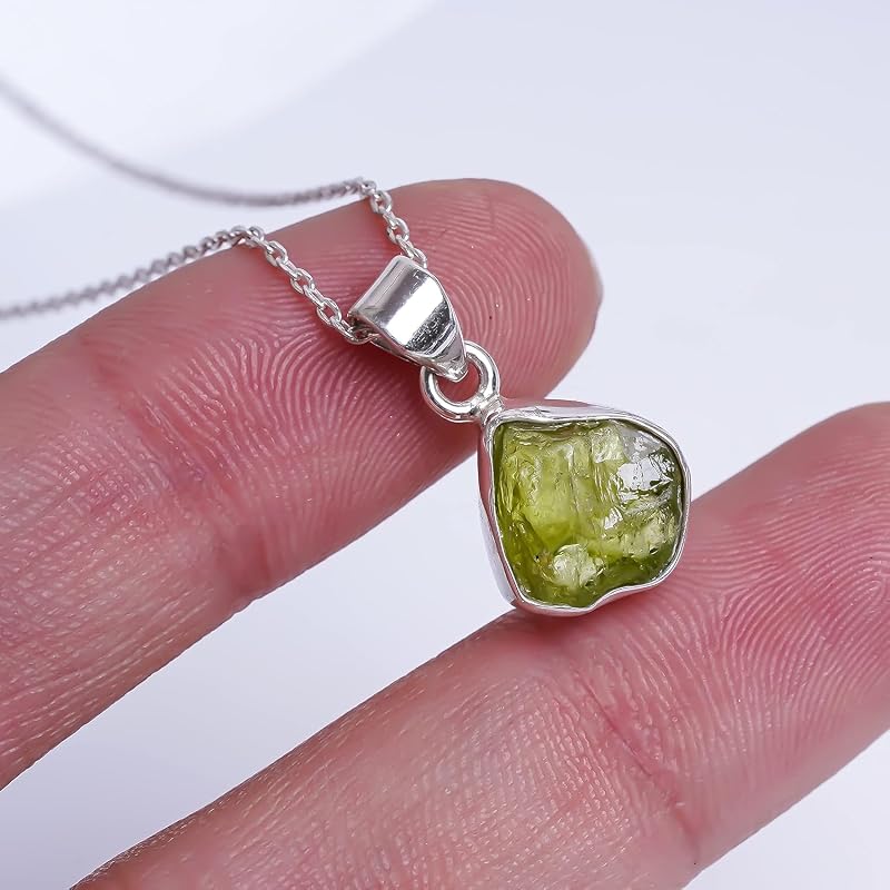 Natural Real Raw Peridot Crystals Bezel Pendant Necklace, Birthstone, Healing Rough Gemstone, 925 Sterling Silver Jewelry 18 inch