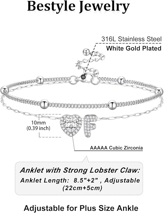 Bestyle Initial Anklet Bracelets for Women Waterproof Non Tarnish 14K Gold/White Gold Plated CZ Anklets for Women Dainty Layered Letter Heart Ankle Bracelets Adjustable Foot Chain Anklet