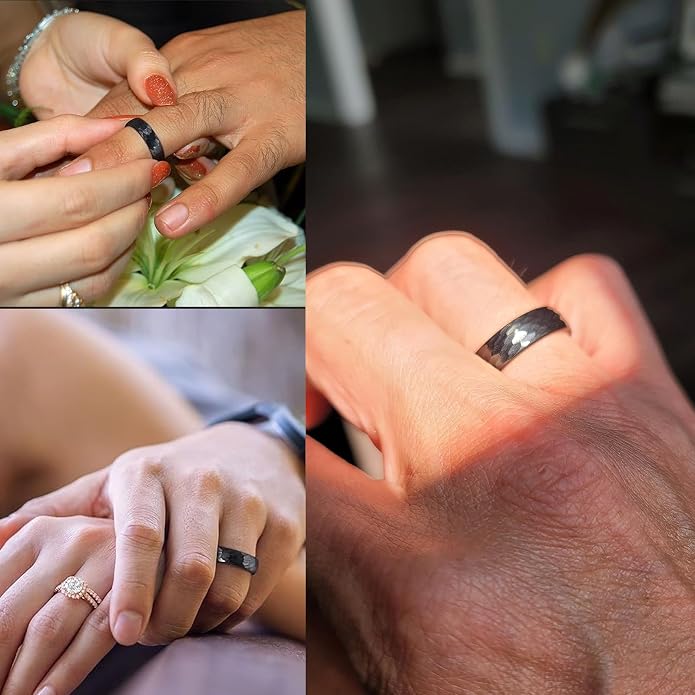TRUMIUM Tungsten Wedding Rings for Men Women 4MM 6MM 8MM Mens Wedding Band Black/Rose Gold/Gold Plated Rings Hammered Matte Finish Jewelry Comfort Fit Size 5-13