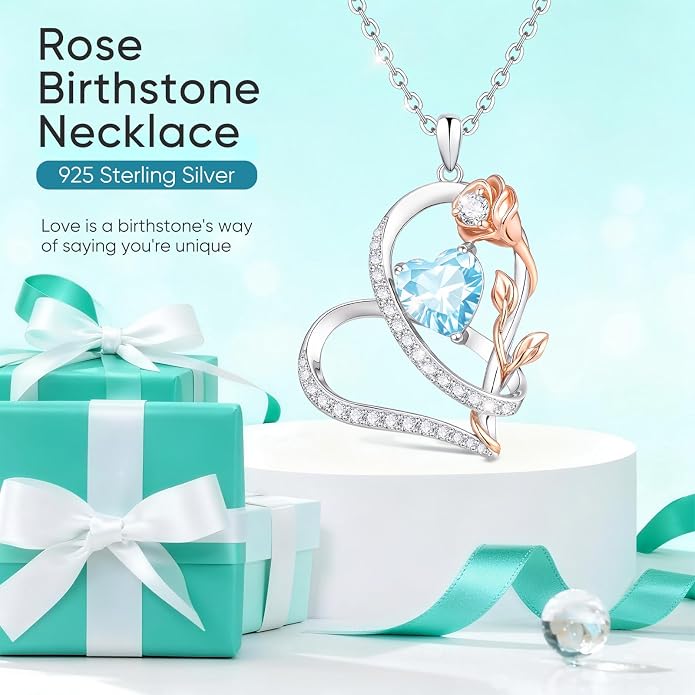 Rose Heart Birthstone Necklace for Women - Dainty 925 Sterling Silver Necklaces for Women Trendy CZ Pendant Necklace Jewelry Birthday Anniversary Christmas Gifts for Girlfriend Mom Lady Daughter