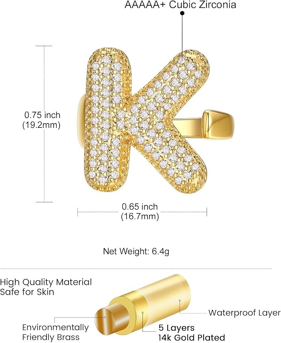 KeyStyle Bold Initial Letter Rings Adjustable, GoldChic Jewelry Women Gold Statement Ring Personalized Engraved Women’s Open Signet Ring for Party (Gold, White Gold, Black)