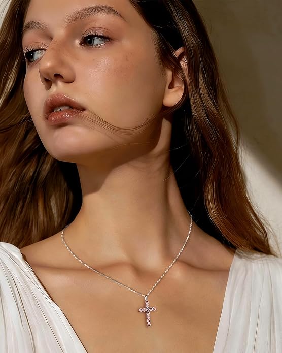 925 Sterling Silver 18 inch Birthstone Cross Pendant Necklace for Women Men