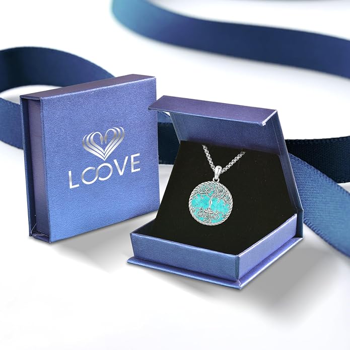 Tree of Life Necklace for Women Sterling Silver Celtic Moon Tree Moonstone Turquoise Pendant Heart Family Tree Necklace for Mother Daughter Sister Gifts