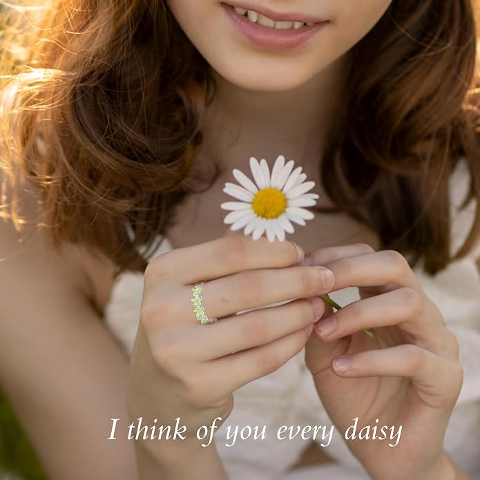 S925 Sterling Silver Dainty Daisy Flower Rings for Women, I Think Of You Every Daisy, 12 Month Birth Flower Ring