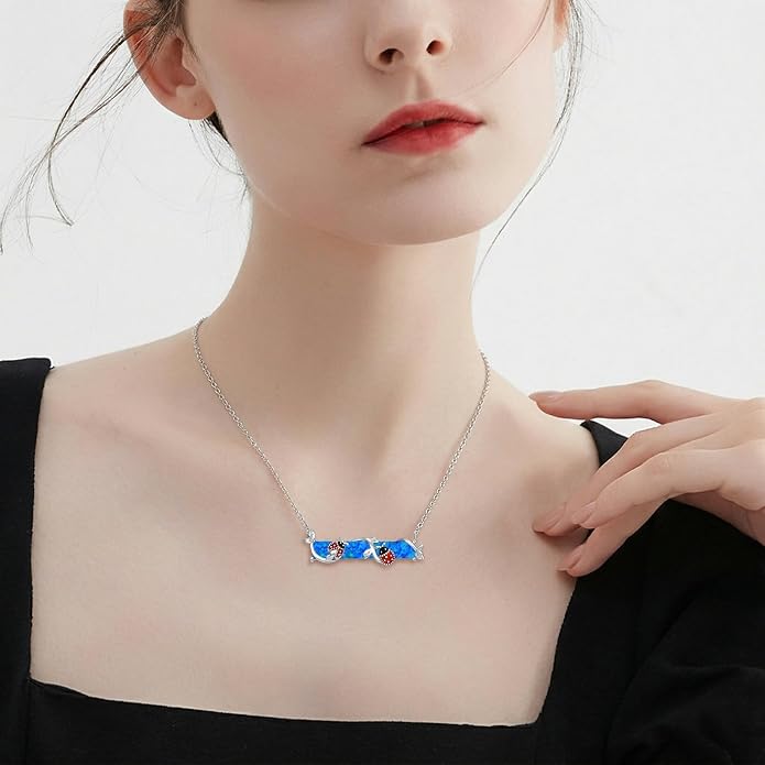 Bar Opal Leaf Necklace For Women S925 Sterling Silver White Opal Pendant with Leaf Charm Bar Pendant Jewelry Gift For Mom Daughter Wife