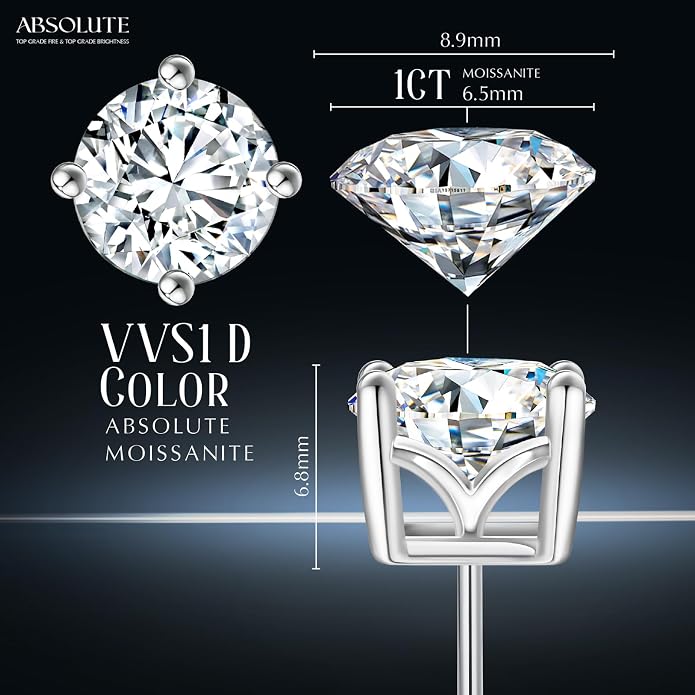 Moissanite Earrings, Hypoallergenic Flat Back Earrings for Women Men, Screw On Studs 925 Sterling Sliver Cartilage Earring for Sensitive Ears 4mm Short Post