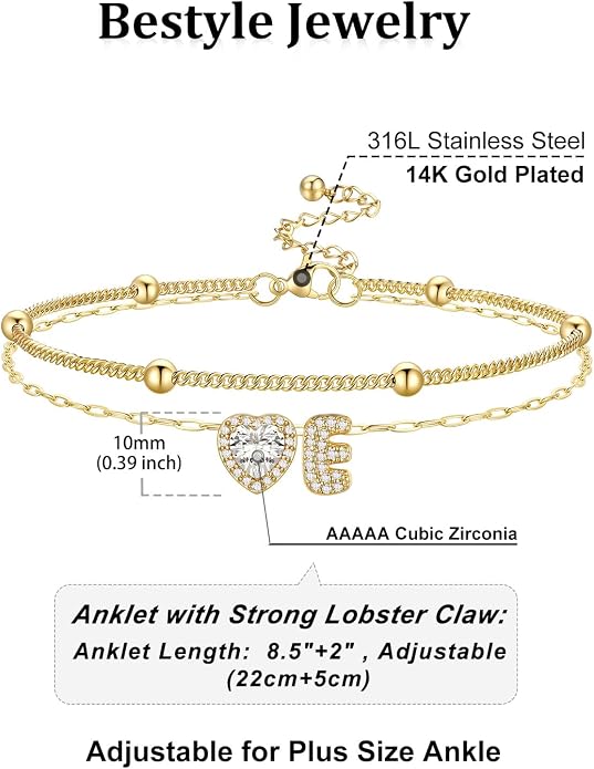 Bestyle Initial Anklet Bracelets for Women Waterproof Non Tarnish 14K Gold/White Gold Plated CZ Anklets for Women Dainty Layered Letter Heart Ankle Bracelets Adjustable Foot Chain Anklet