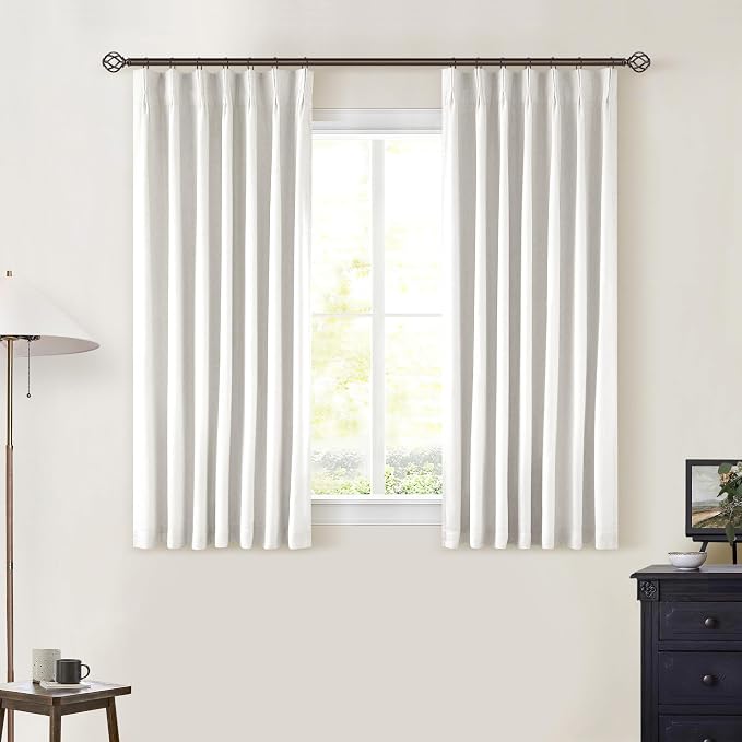 Beige White Pinch Pleat 100% Blackout Linen Curtains 2 Layers 45 Inch Long | Memory Trained, Thermal Insulated, UV Blocking, Noise Reducing, Room Darkening, Black Out Short Curtains for Kitchen 2 Panels